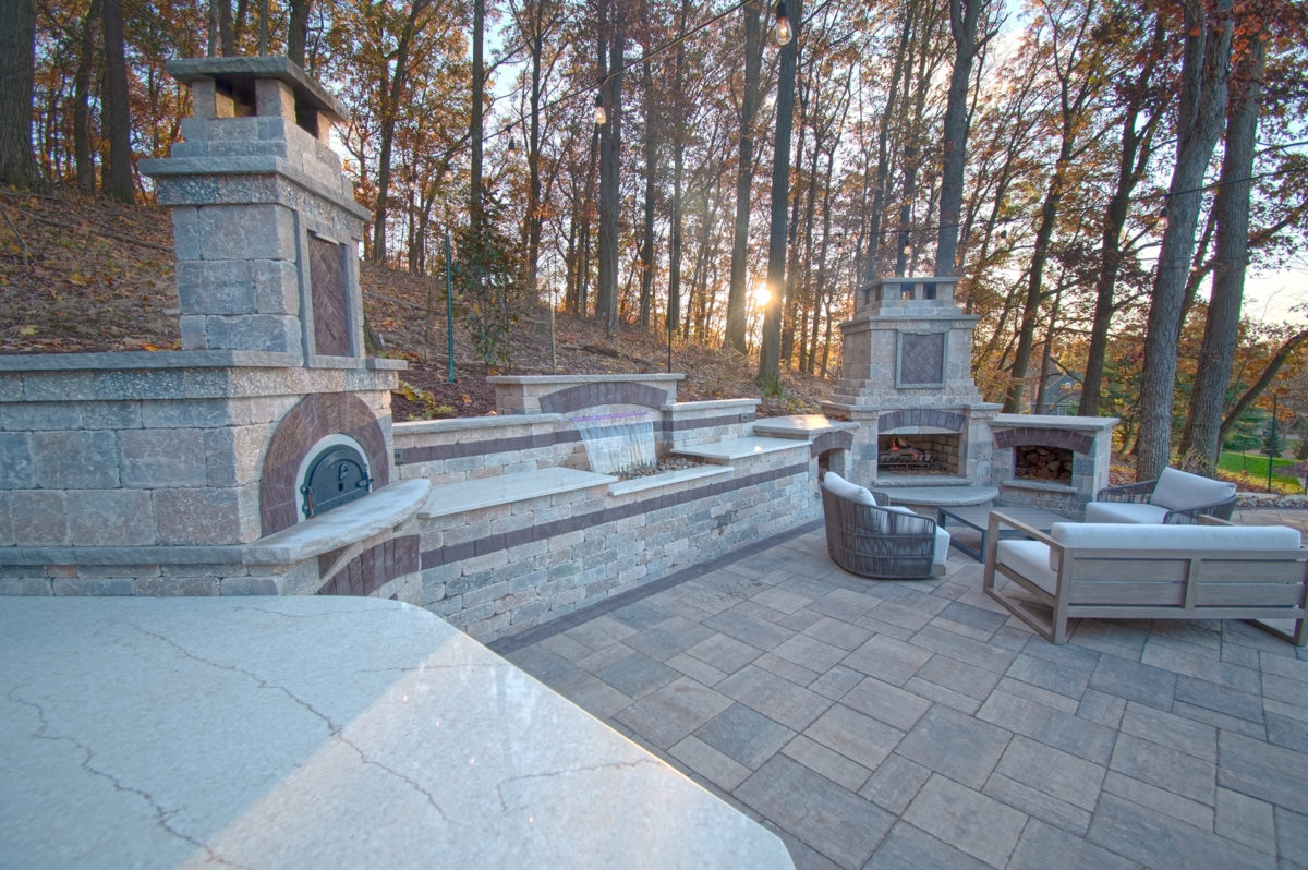 Outdoor Living Room with Pizza Oven Designed by Beall's Landscaping